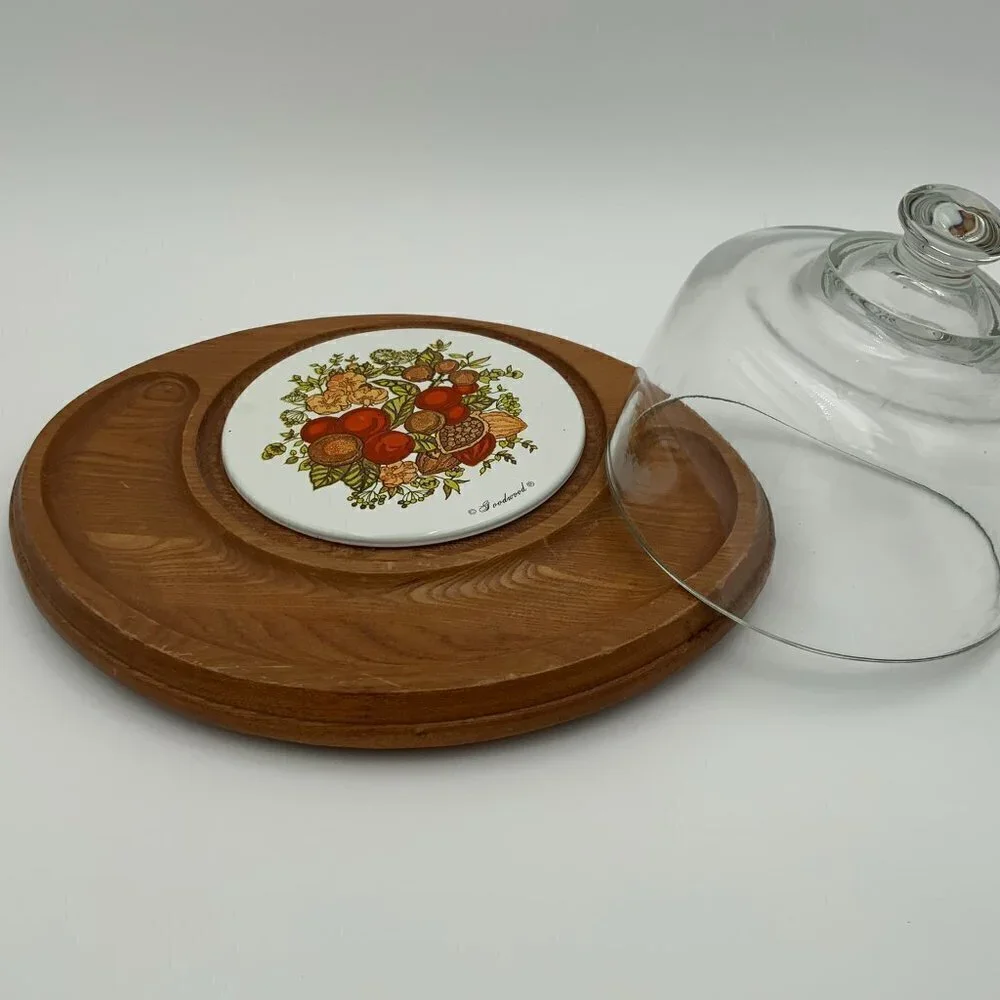 Vintage Wooden Goodwood Cheese Tray w/ Glass Cloche Made in Japan